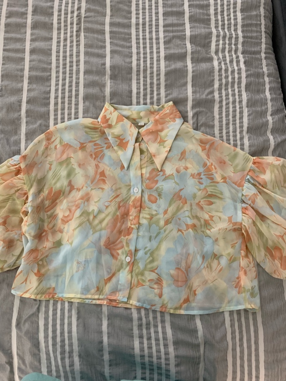 Sheer Floral Button-Down Crop Top in Pastel Multi